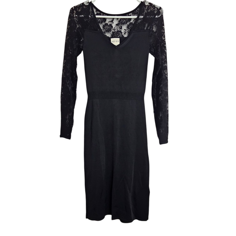 Reiss Bodycon Dress Women's Size 2 Fitted Sheath Floral Lace Sleeve‎ Black LBD